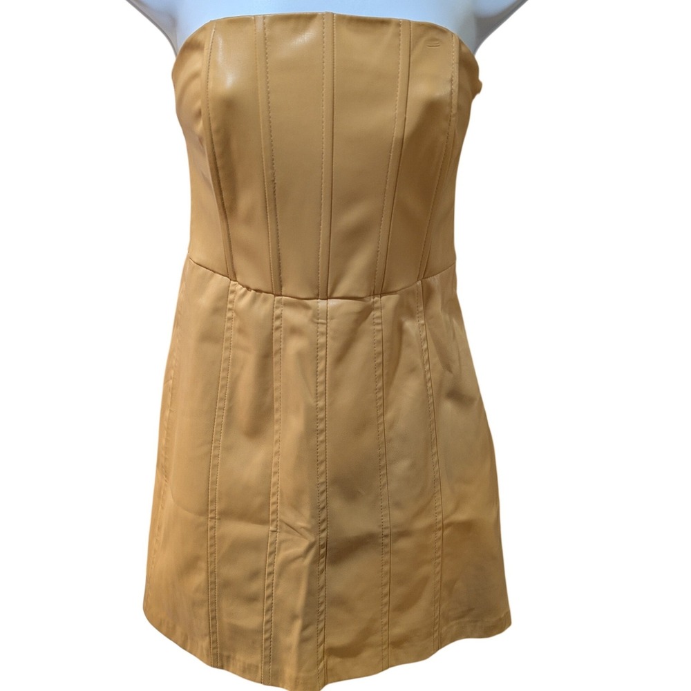 Zara Caramel Faux Leather Strapless‎ Corset-Style Boning Detail Mini Dress Small